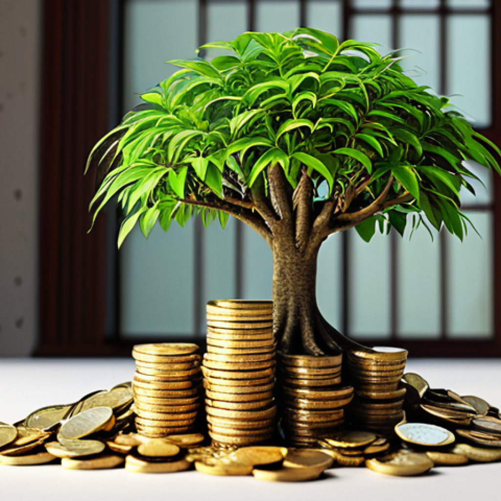 **Image Prompt:** A visual representation of compound interest. Show a small seed growing into a large tree over time, with coins or Vietnamese Dong symbols multiplying exponentially around the base. The background should depict a bright, hopeful future with modern Vietnamese architecture subtly visible. Focus on the concept of long-term growth and financial prosperity.