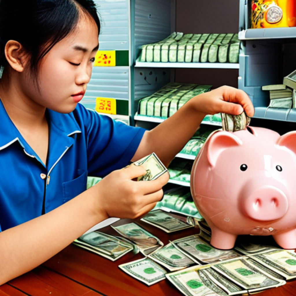 ** A young Vietnamese student diligently saving money from their part-time job, symbolizing the early stages of investing and the power of starting young. Perhaps a piggy bank overflowing with *đồng*, or a student working at a *cà phê* shop and putting their earnings into a savings account.

**