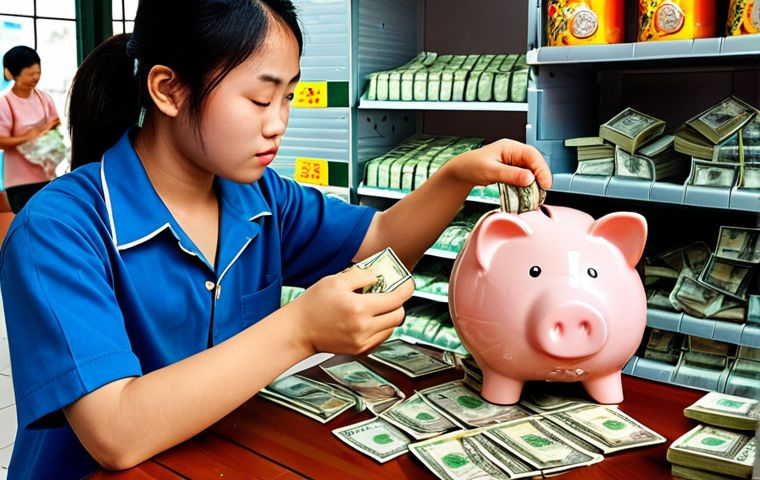 ** A young Vietnamese student diligently saving money from their part-time job, symbolizing the early stages of investing and the power of starting young. Perhaps a piggy bank overflowing with *đồng*, or a student working at a *cà phê* shop and putting their earnings into a savings account.

**